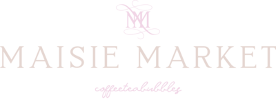 Script interlocking MM at top with serif "Maisie Market" "coffeeteabubbly" in light pink script centered bottom
