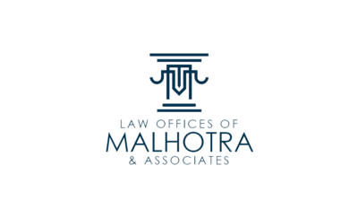 Abstract logo of scale and pillars with the text Law Offices  of Malhotra & Associates underneath logo
