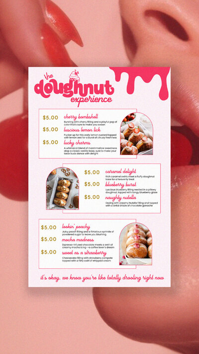 The Doughnut Experience bakery branding, logo, and packaging design by Wildspark Creative. Female-led Michigan gourmet doughnut brand receives boutique, feminine, retail-ready design for cohesive brand identity and social visibility.

Michigan female founder bakery branding for The Doughnut Experience. Logo, packaging, and brand identity designed to highlight gourmet doughnuts, feminine boutique aesthetics, and retail-ready CPG presentation by Wildspark Creative.