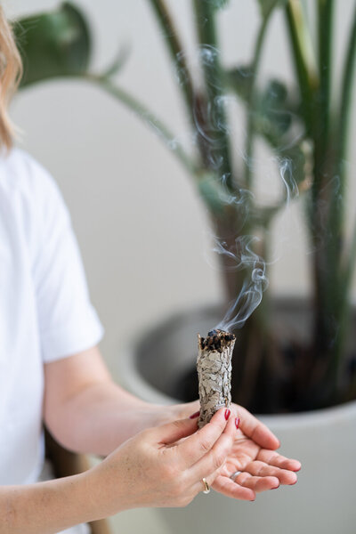 ruka držící šalvěj k vykuřování, ze které jde kouř