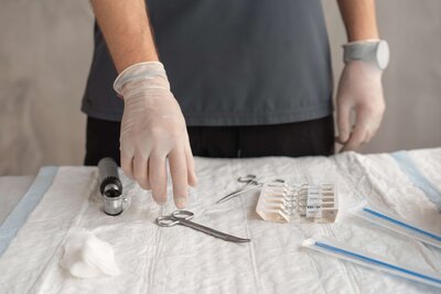 medical professional reaching for surgical instruments on a table