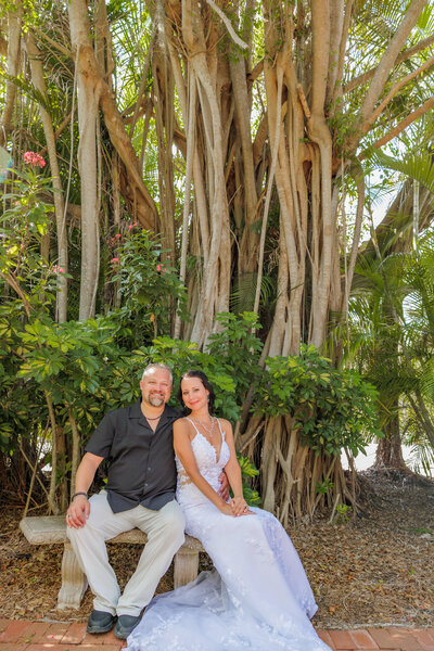 Bride and groom sitting on a bench in front of a bunch of banyan trees in a church garden on longboat key florida.
