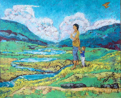Sacred Earth Feminine "On A Hill Overlooking" by Marilyn Wells oil on canvas 20" x 24"