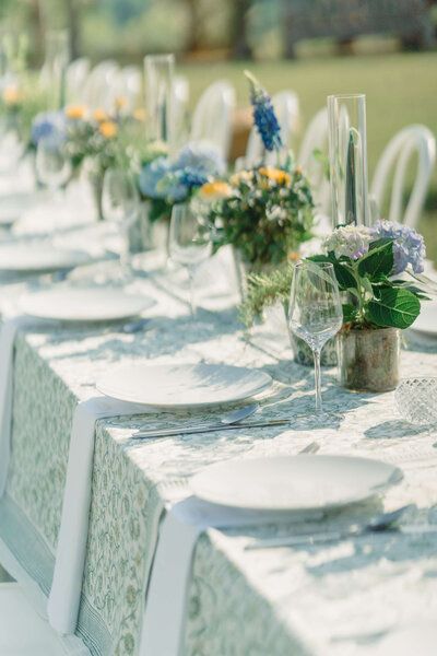 long wedding dining table set with green patterned linen and white plates and napkins with potted flowers along the centre