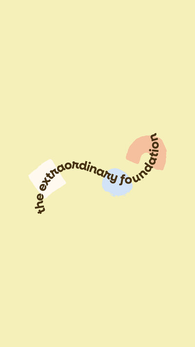 The Extraordinary Foundation brown logo with multicolor shapes on a light green background
