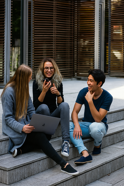 Three Japan Blend Club members chatting and laughing while sitting on outdoor steps, bonding over language learning