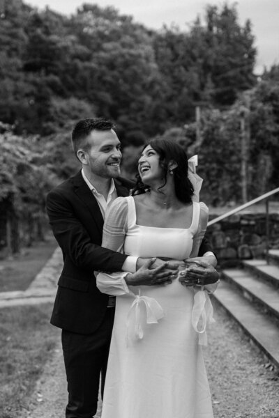 black and white wedding photo at boston arboretum