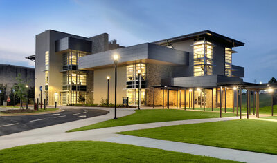 twilight view of the Warren Science & Technology building at The Walker School