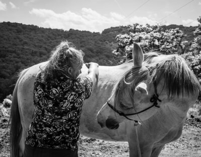 Equine Bodywork, woman massaging horse 