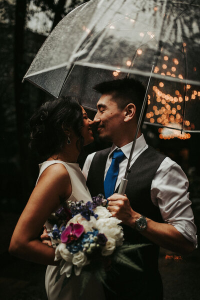 Bride and groom standing under an umbrella and leaning in to kiss