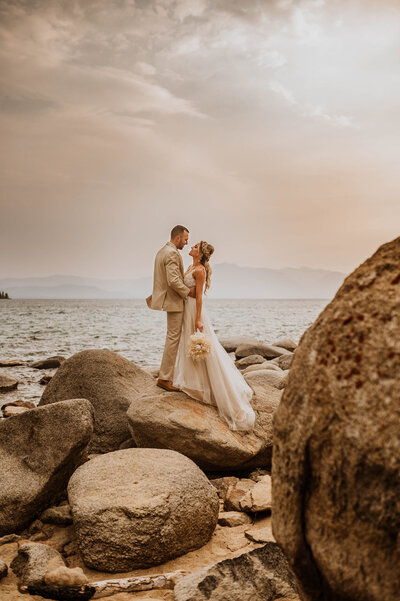 A couple in wedding attire in Lake Tahoe California