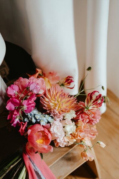 bridal bouquet with beautiful pastel pinks and oranges at Glenapp Castle