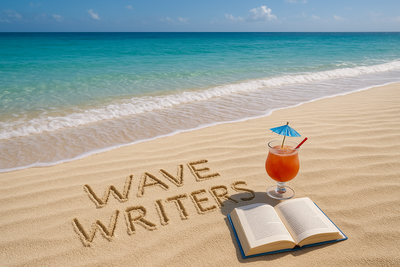 An open book and a tropical drink rest in the sand on a tropical beach, just out of reach of the gentle waves. Someone has written in the sand: Wave Writers.