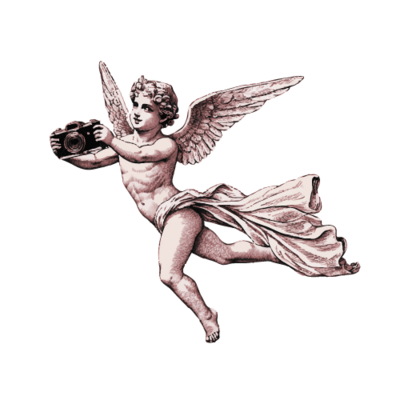 illustratie  van een vliegende Cupido met camera in zijn handen