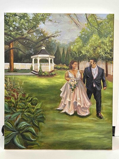 Painting of bride and groom walking from gazebo