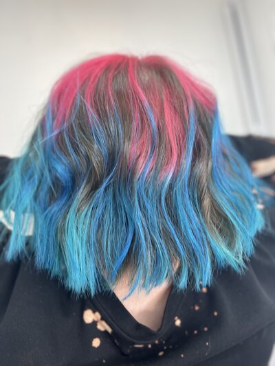 Image of client with hair that has been dyed blue and pink.