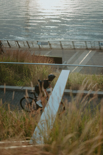 Female Cyclist Portrait in Coal Harbour at Sunset