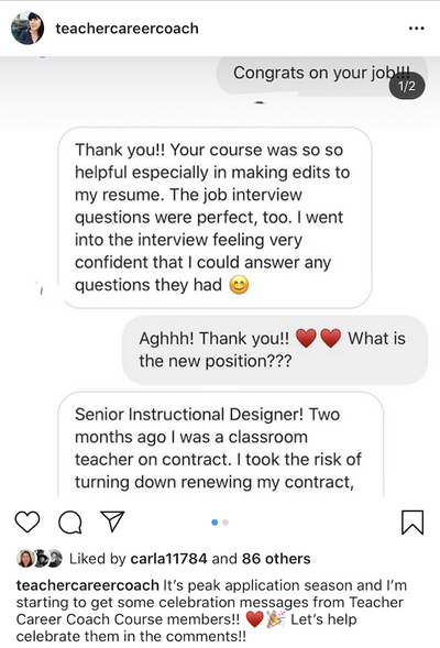 Testimonial for the Teacher Career Coach Course