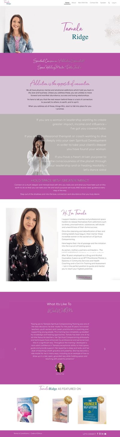 Full website preview for Tamala Ridge, custom website design by Rachelle Deem showcasing spiritual business coach website