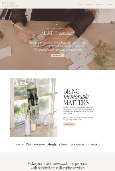 Screenshot of custom Showit website design for calligrapher