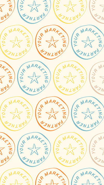 Alternating colors of Bondi Marketing stamp logos on a cream background