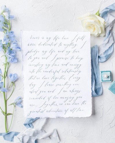 Light blue wedding calligraphy details captured by NYC wedding photographer Karina Mekel