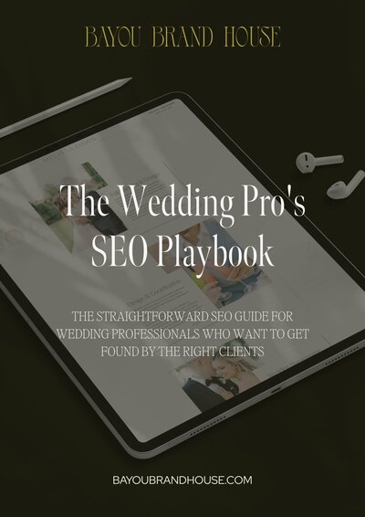 A tablet displaying "The Wedding Pro's SEO Playbook" ebook, with earbuds beside it. This essential SEO guide for wedding professionals also covers branding and web design tips. Website link at the bottom.
