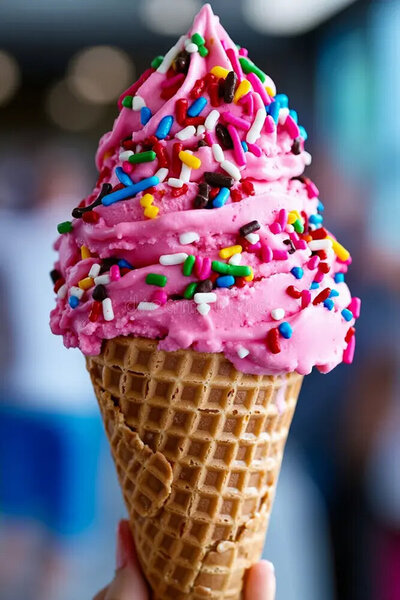 Raspberry ice cream in a waffle cone and jimmies