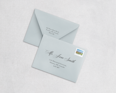 Printed envelope addressing for custom wedding invitations in Ontario, Canada – elegant and personalized stationery design.