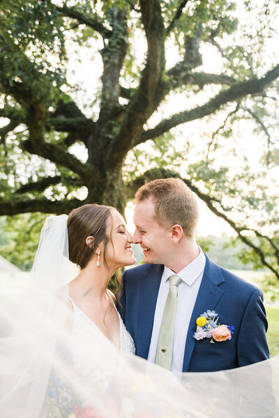 bride and groom touching forehead to temple at sunset taken by Birmingham Alabama Wedding Photographer Emily McIntyre Photography