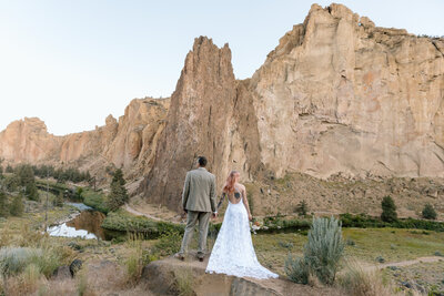 Bride and groom facing a waterfall in the Columbia River Gorge.