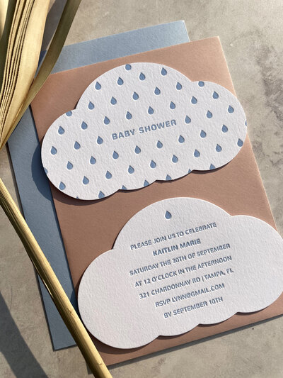 cloud shaped baby shower invitation in blue