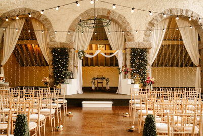 aswanley wedding ceremony set up with festoon lights scotland wedding venue