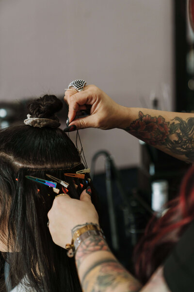 Hair extensions, Rhode Island, Invisible bead extensions, IBE, Hand tied extension, Luxury hair, Seamless, Custom color hair, Hair extension specialist, Best hair extension, Hair extension maintenance, Natural looking extensions, Hidden bead extensions, Sew in hair extensions, K tips hair extensions, Keratin bond hair extensions, Keratin individual bonds hair extensions, Brazilian blowout, Conditioning treatment, Hair Botox, Keratin hair treatment, Balayage, Lived in color, Balayage experts, Dimensional brunette, Gray blending, Blowout and style, Specialty color, Baby lights, Foil highlights, Blonding