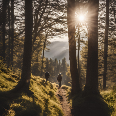 Couple hiking through forest on a sunny day.