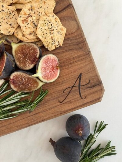Charcuterie cutting board with wood burned calligraphy monogrammed A