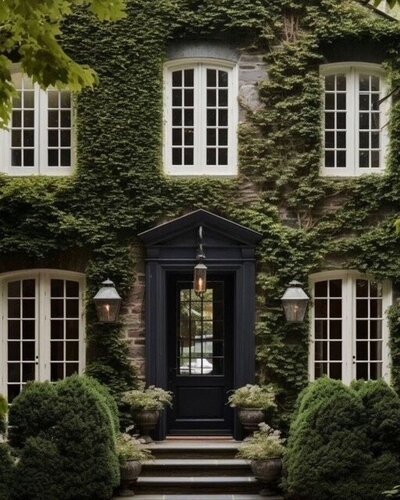 Ivy adorned luxury home facade with opulent black door.