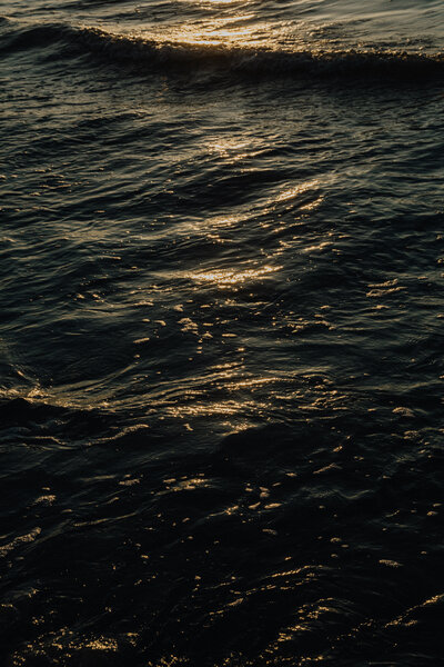 Close-up of dark ocean waves at sunset, reflecting golden light—symbolizing emotional depth, surrender, and the natural flow of holistic transformation.