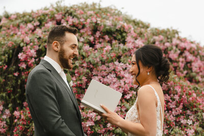 Sophia and Josh exchanging vows privately before their wedding at The Villa in Bridgewater MA