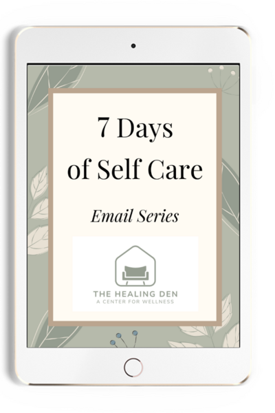 Ipad with image stating seven days of self care email series from The Healing Den