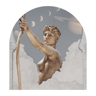 A classical statue of a winged figure holding a staff set against a backdrop of clouds.