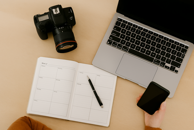 Flat lay of a laptop, camera, smartphone, and planner on a wood surface, representing a photography consultation session for dating profile clients in Minneapolis.