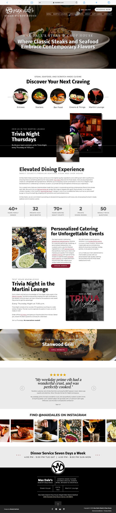 Mobile Responsive Website Design for fine dining restaurant Max Dale's Steak & Chop House