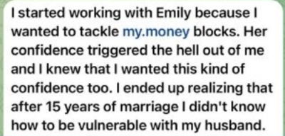 Screenshot of client feedback highlighting emotional healing and powerful mindset shifts with Emily Michele.