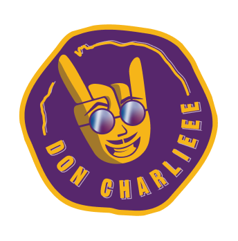 Lopsided round brand badge of the logo Don Charlieee. Mascot is a rocker hand symbol with a smiling face on it with reflective sunglasses.