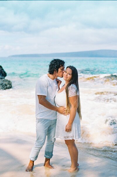 Maui couples portrait at the beach with Molokini in the background