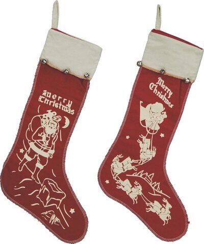Pair of vintage-style red Christmas stockings with white Santa designs – Sweet Pea Ink Creative Amazon holiday favorites.