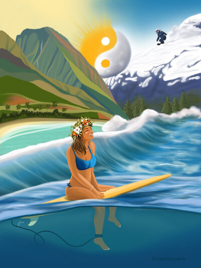 A woman sits on her surfboard in a whimsical scene with green Hawaii mountains and snowy Wyoming mountains in the background ans a yin and yang sun and moon.