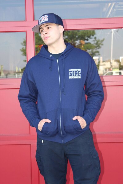 Screen printed firefighter zip up with department logo