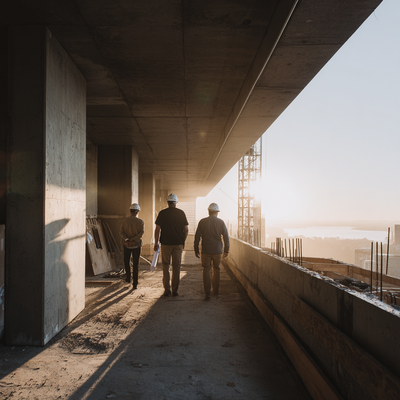 Workers walking through a high-rise commercial building site at sunset, symbolizing commitment to project delivery and safety.